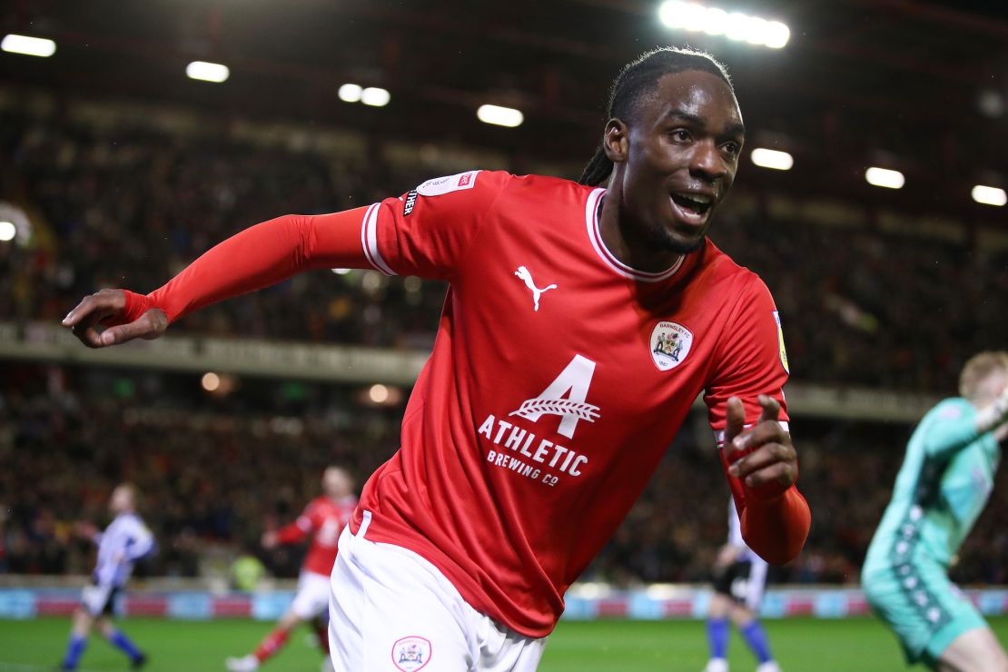 BARNSLEY, ENGLAND - MARCH 21: Devante Cole of Barnsley celebrates after scoring the team's first goal during the Sky Bet League One between Barnsley and Sheffield Wednesday at Oakwell Stadium on March 21, 2023 in Barnsley, England. (Photo by George Wood/Getty Images)