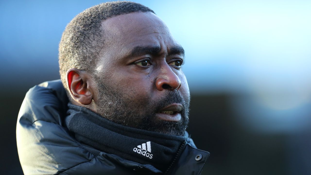 SOUTHEND, ENGLAND - DECEMBER 14: Andrew Cole, First team coach at Southend United looks on prior to the Sky Bet League One match between Southend United and Rotherham United at Roots Hall on December 14, 2019 in Southend, England. (Photo by James Chance/Getty Images)