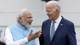 India's Prime Minister Narendra Modi speaks with President Joe Biden during a State Arrival Ceremony on the South Lawn of the White House Thursday, June 22, 2023, in Washington. (AP Photo/Manuel Balce Ceneta)
