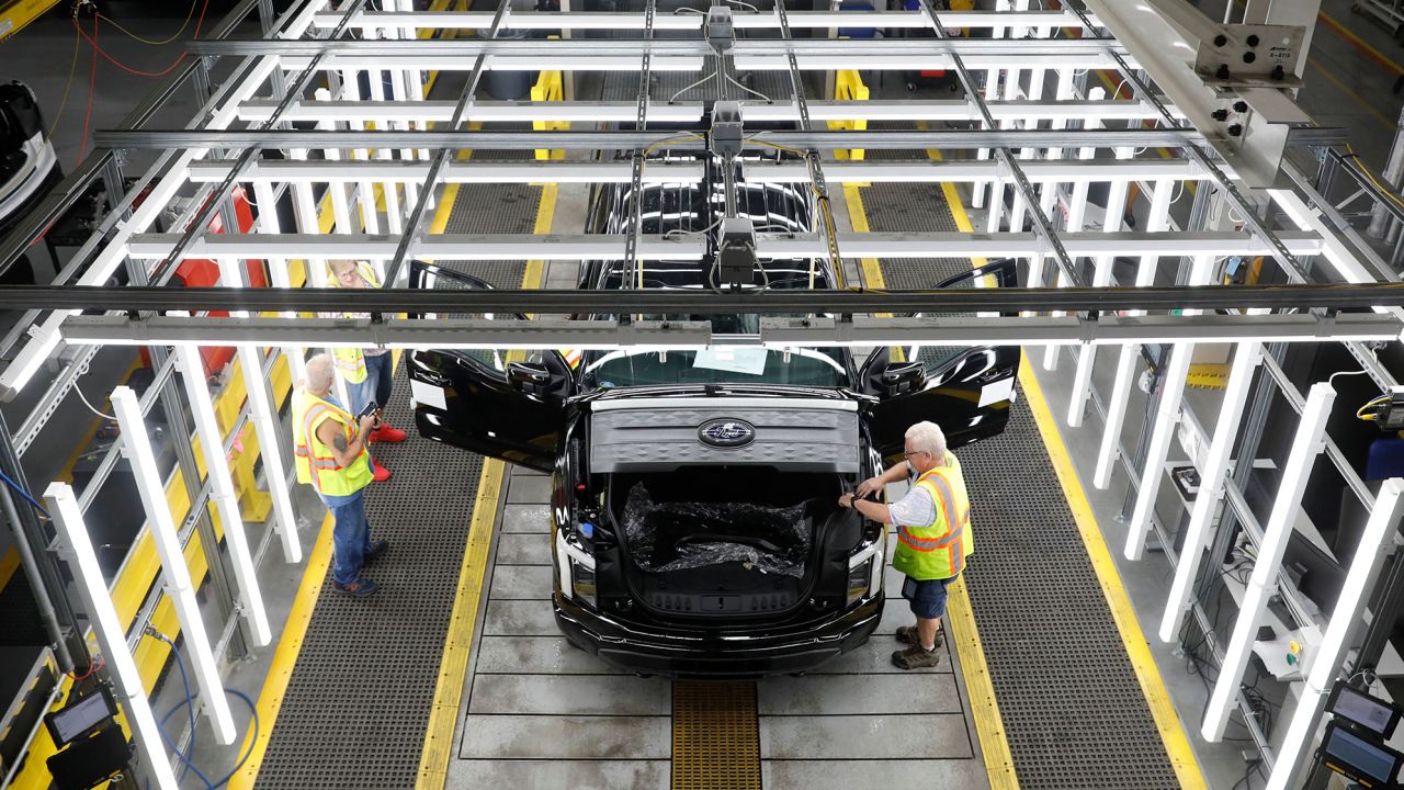 Ford Motor Co. battery powered F-150 Lightning trucks under production at their Rouge Electric Vehicle Center in Dearborn, Michigan on September 20, 2022. 