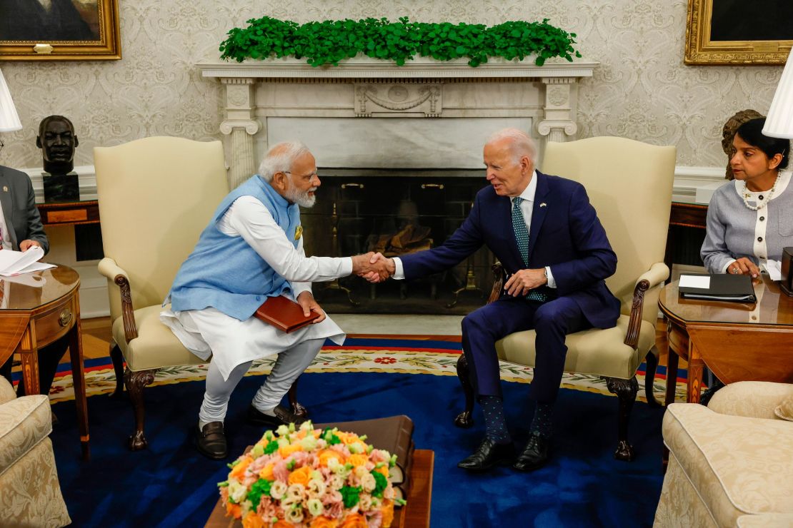 WASHINGTON, DC - JUNE 22: U.S. President Joe Biden (R) and Indian Prime Minister Narendra Modi meet in the Oval Office at the White House on June 22, 2023 in Washington, DC. Biden and Prime Minister Modi will later participate in a joint press conference and a state dinner in the evening. Biden is the first U.S. president to invite Modi for an official state visit. (Photo by Anna Moneymaker/Getty Images)