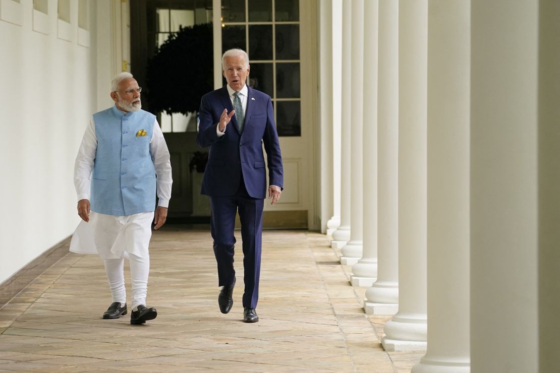 US President Joe Biden and India's Prime Minister Narendra Modi walk through the Colonnade to the Oval Office of the White House in Washington, DC, on June 22, 2023. (Photo by Evan Vucci / POOL / AFP) (Photo by EVAN VUCCI/POOL/AFP via Getty Images)