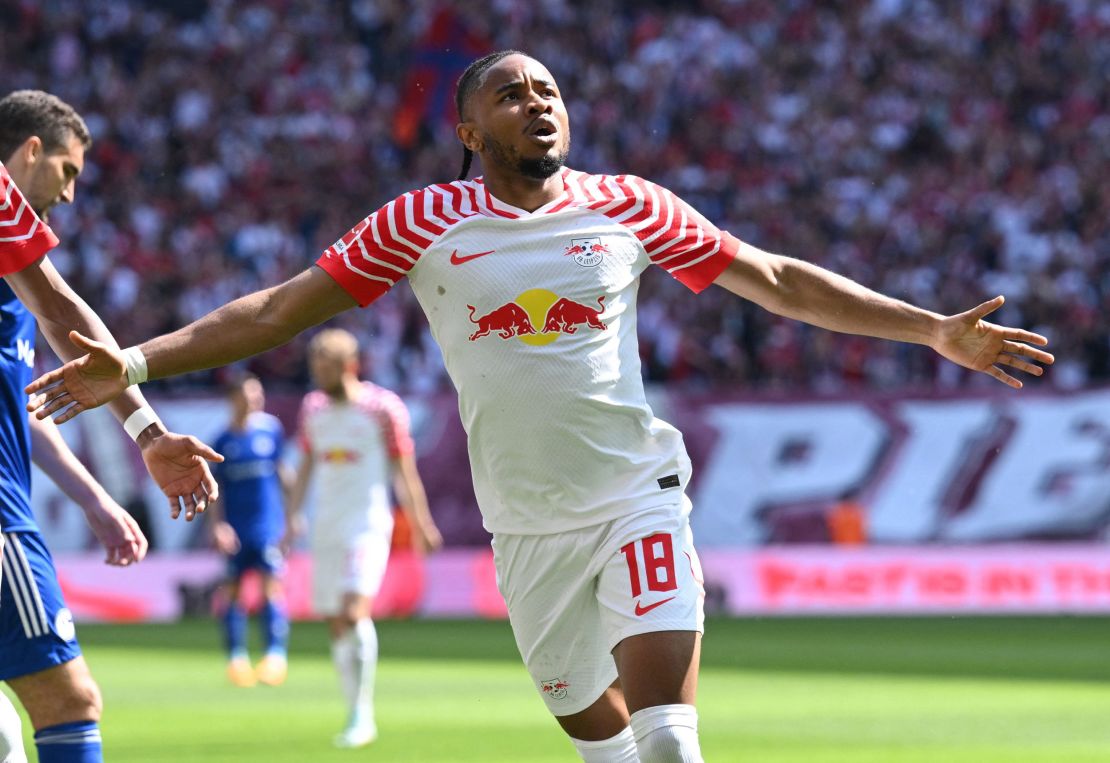 Soccer Football - Bundesliga - RB Leipzig v Schalke 04 - Red Bull Arena, Leipzig, Germany - May 27, 2023
RB Leipzig's Christopher Nkunku celebrates scoring their second goal REUTERS/Annegret Hilse DFL REGULATIONS PROHIBIT ANY USE OF PHOTOGRAPHS AS IMAGE SEQUENCES AND/OR QUASI-VIDEO.