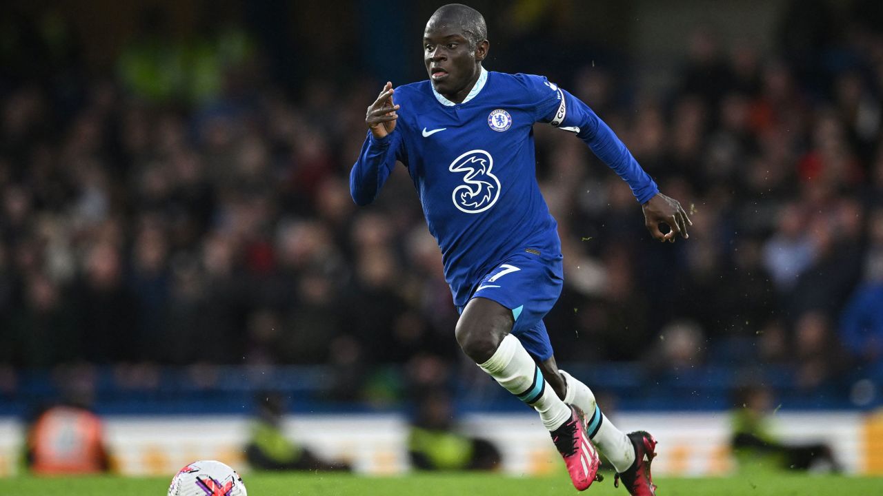 Chelsea's French midfielder N'Golo Kante controls the ball during the English Premier League football match between Chelsea and Aston Villa at Stamford Bridge in London on April 1, 2023. (Photo by JUSTIN TALLIS / AFP) / RESTRICTED TO EDITORIAL USE. No use with unauthorized audio, video, data, fixture lists, club/league logos or 'live' services. Online in-match use limited to 120 images. An additional 40 images may be used in extra time. No video emulation. Social media in-match use limited to 120 images. An additional 40 images may be used in extra time. No use in betting publications, games or single club/league/player publications. /  (Photo by JUSTIN TALLIS/AFP via Getty Images)
