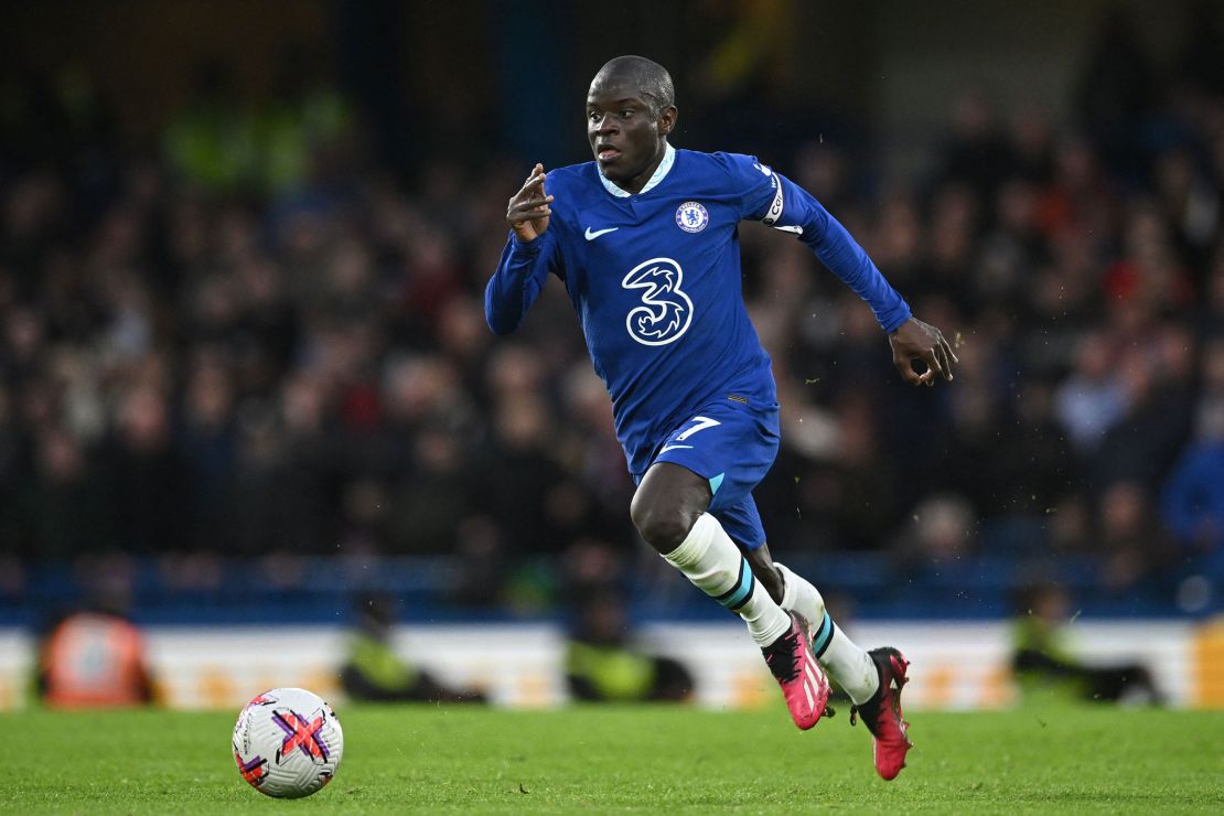 Chelsea's French midfielder N'Golo Kante controls the ball during the English Premier League football match between Chelsea and Aston Villa at Stamford Bridge in London on April 1, 2023. (Photo by JUSTIN TALLIS / AFP) / RESTRICTED TO EDITORIAL USE. No use with unauthorized audio, video, data, fixture lists, club/league logos or 'live' services. Online in-match use limited to 120 images. An additional 40 images may be used in extra time. No video emulation. Social media in-match use limited to 120 images. An additional 40 images may be used in extra time. No use in betting publications, games or single club/league/player publications. /  (Photo by JUSTIN TALLIS/AFP via Getty Images)
