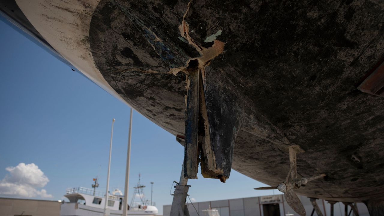 A picture taken on May 31, 2023 shows the rudder of a ship damaged by killer whales (Orcinus orca) while sailing in the Strait of Gibraltar and taken for repairs at the Pecci Shipyards in Barbate, near Cadiz, southern Spain. Groups of killer whales have rammed hundreds of small boats off the coast of Spain in recent years, in "terrifying" behaviour that has baffled scientists. The attacks began in 2020 and they have taken place mainly between Cadiz and the port of Tanger in northern Morocco near the Strait of Gibraltar. So far this year, Spain's coast guard has recorded 28 "interactions" between orcas and sailboats. (Photo by JORGE GUERRERO / AFP) (Photo by JORGE GUERRERO/AFP via Getty Images)