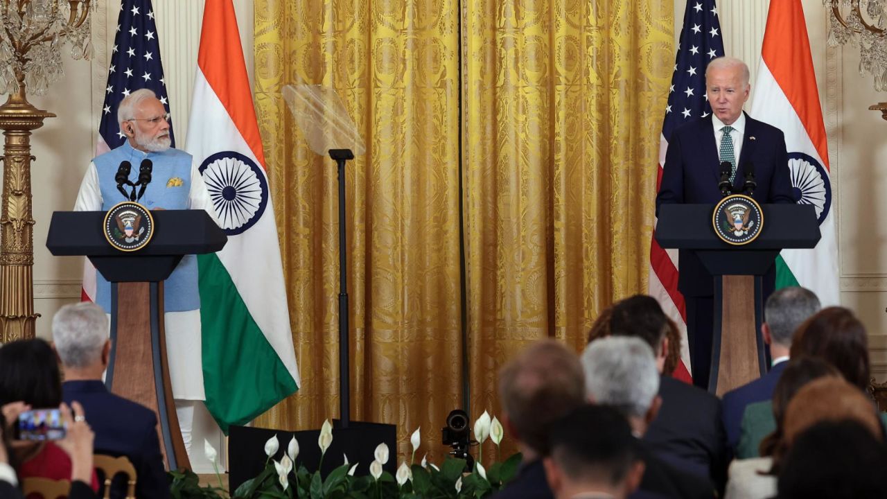 WASHINGTON, DC - JUNE 22: U.S. President Joe Biden and Indian Prime Minister Narendra Modi hold a joint press conference at the White House on June 22, 2023 in Washington, DC. Biden is hosting Prime Minister Modi for his first official state visit. Modi will later address a joint meeting of Congress before a state dinner at the White House tonight. (Photo by Win McNamee/Getty Images)