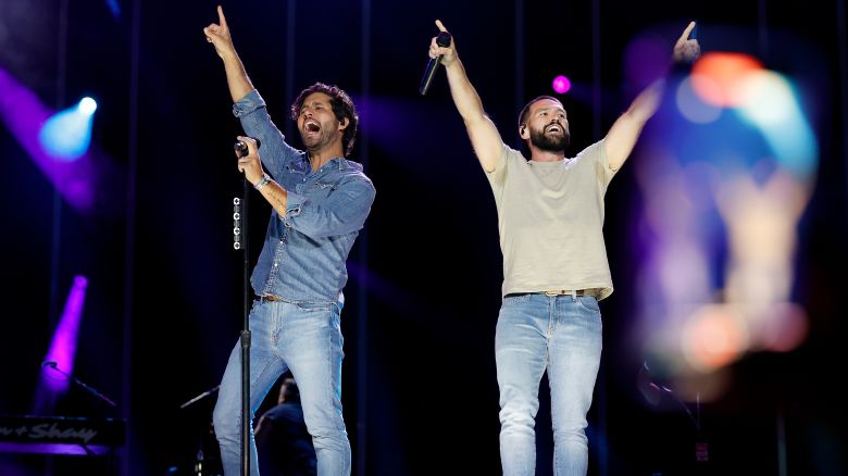 Dan Smyers and Shay Mooney of Dan + Shay perform on stage during day one of CMA Fest 2023 at Nissan Stadium on June 8, 2023 in Nashville, Tennessee.