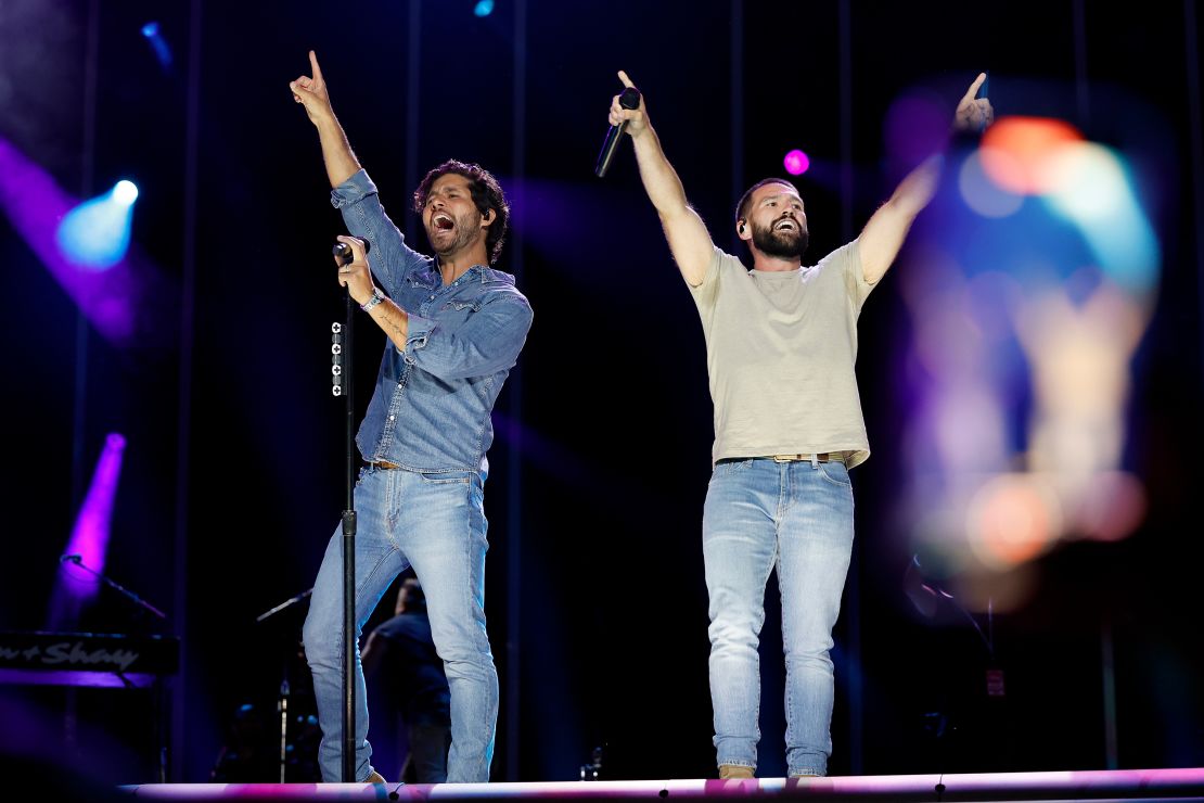 Dan Smyers and Shay Mooney of Dan + Shay perform on stage during day one of CMA Fest 2023 at Nissan Stadium on June 8, 2023 in Nashville, Tennessee.