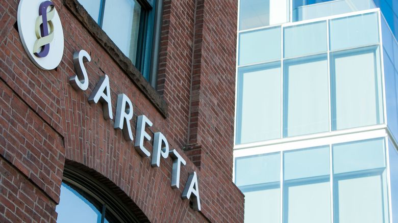 A logo sign outside of the headquarters of Sarepta Therapeutics, Inc, in Cambridge, Massachusetts on February 21, 2018. (Photo by Kristoffer Tripplaar/Sipa USA)