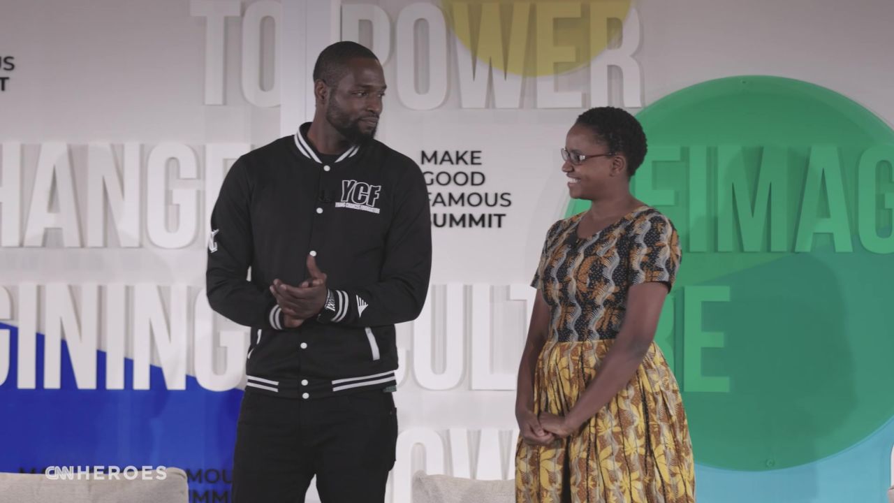 CNN Heroes Tyrique Glasgow (left) and Nelly Cheboi (right) showcase their work to attendees at the Make Good Famous Summit