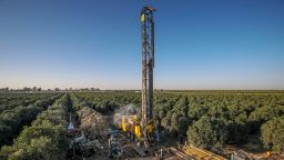 Terra Bella, CA - October 14: Matt Davis's company drills a 1300 feet deep well in an orchard at Setton Farms on Thursday, Oct. 14, 2021 in Terra Bella, CA. (Irfan Khan / Los Angeles Times via Getty Images)
