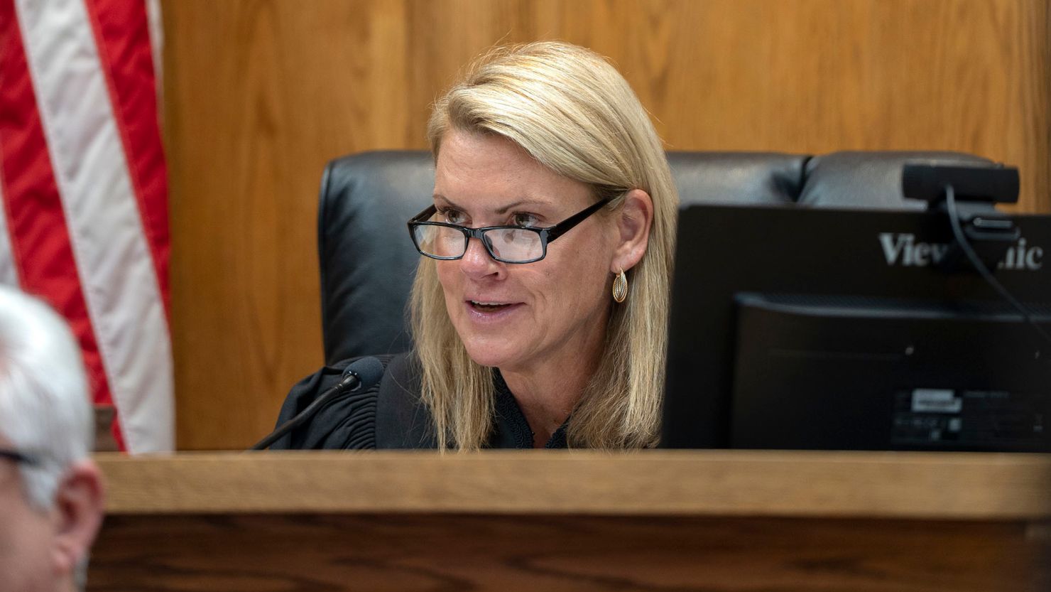 Teton County District Court Judge Melissa Owens presides in Teton County District Court, Friday, June 2, 2023, in Jackson, Wyo., during a hearing regarding Wyoming's bans on abortions. 
