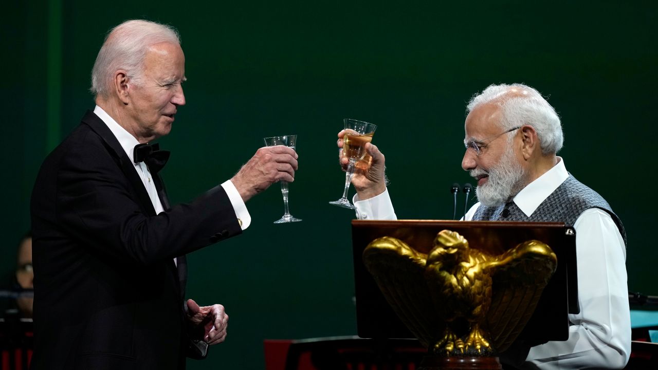 India's Prime Minister Narendra Modi offers a toast during a State Dinner with President Joe Biden at the White House in Washington, Thursday, June 22, 2023.