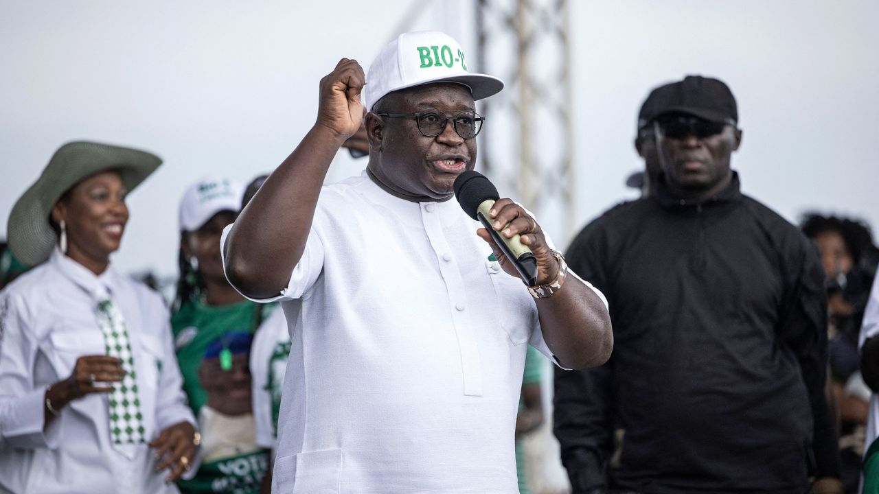 President of Sierra Leone and Leader of Sierra Leone People's party (SLPP), Julius Maada Bio, addresses his supporters during his final campaign rally in Freetown 
