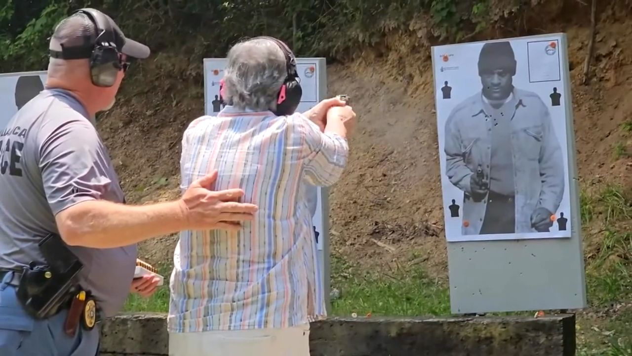 Villa Rica Mayor Gil McDougal said he is "personally embarrassed" for the training course targets, seen here in a screengrab taken from a video of the class held by the Villa Rica Police Department in Georgia.//In this screengrab taken from a video, a person fires a weapon during a training course held by the Villa Rica Police Department in Georgia.