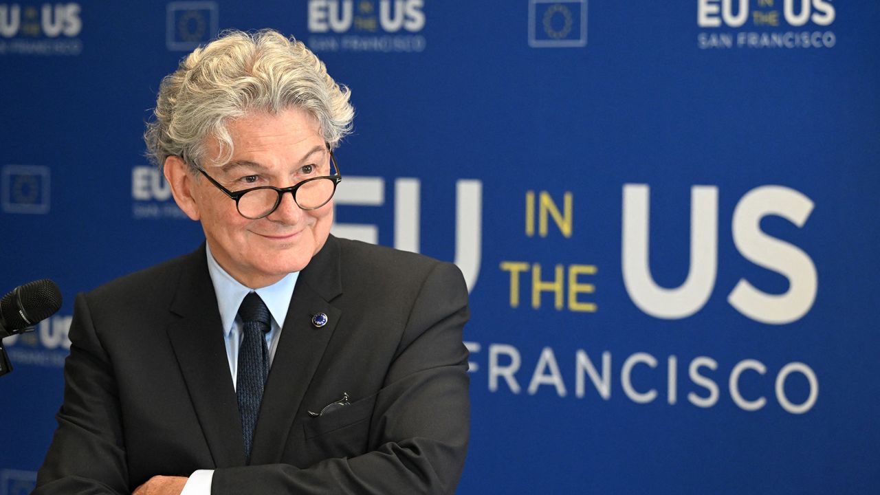 European Commissioner for Internal Market, Thierry Breton, speaks during a news conference at the European Union office in San Francisco, California, on June 22, 2023.