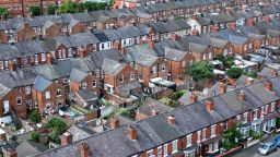 An aerial view of terraced homes on June 22, 2023 in Crewe, England. 