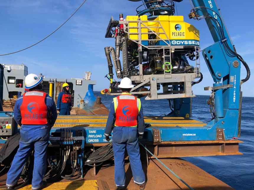 Pelagic's remotely operated vehicle Odysseus 6 is lifted out of the ocean after searching for debris from the Titan submersible on June 22, 2023.