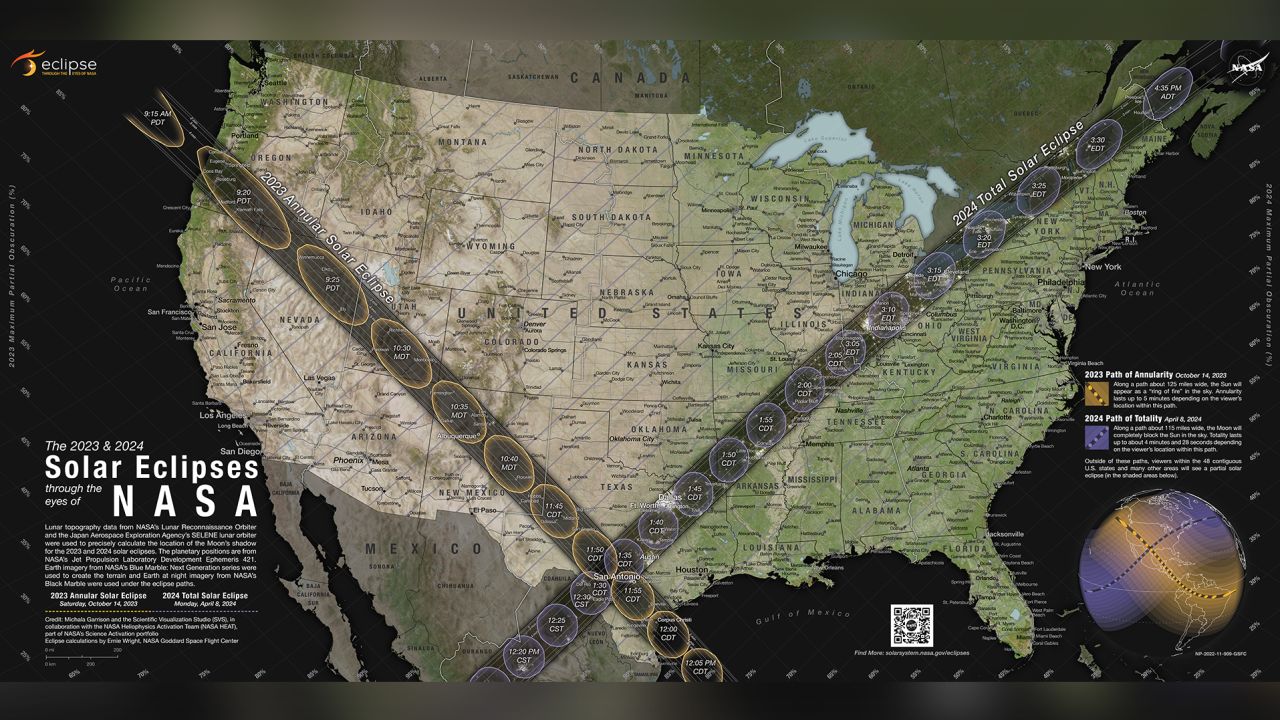 A map showing where the Moon's shadow will cross the U.S. during the 2023 annular solar eclipse and 2024 total solar eclipse.
