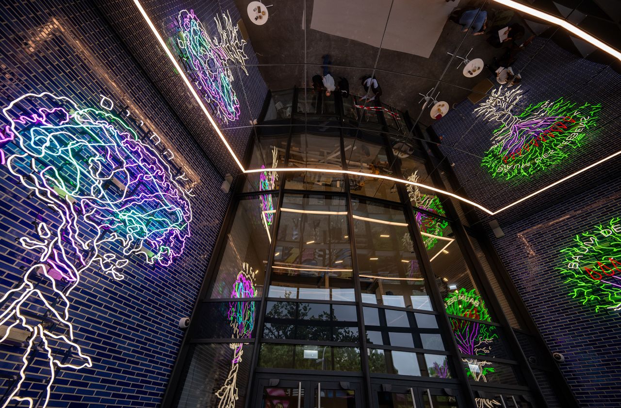 The "Tree of Life" light installation in the entrance is reflected in the ceiling of the Pears Jewish Campus.