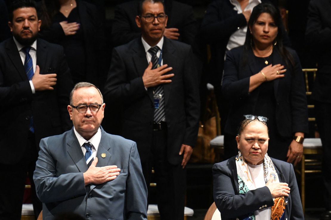 Guatemala's President Alejandro Giammattei (L) and Guatemala's Attorney General Maria Consuelo Porras attend the presentation of the annual report of the Public Ministry in Guatemala City on May 17, 2023. 