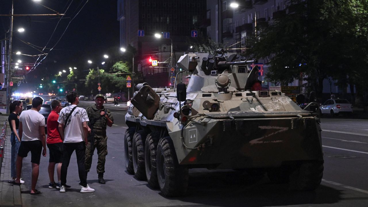 An armored personnel carrier (APC) is seen on the streets of Rostov-on-Don, on June 24. 