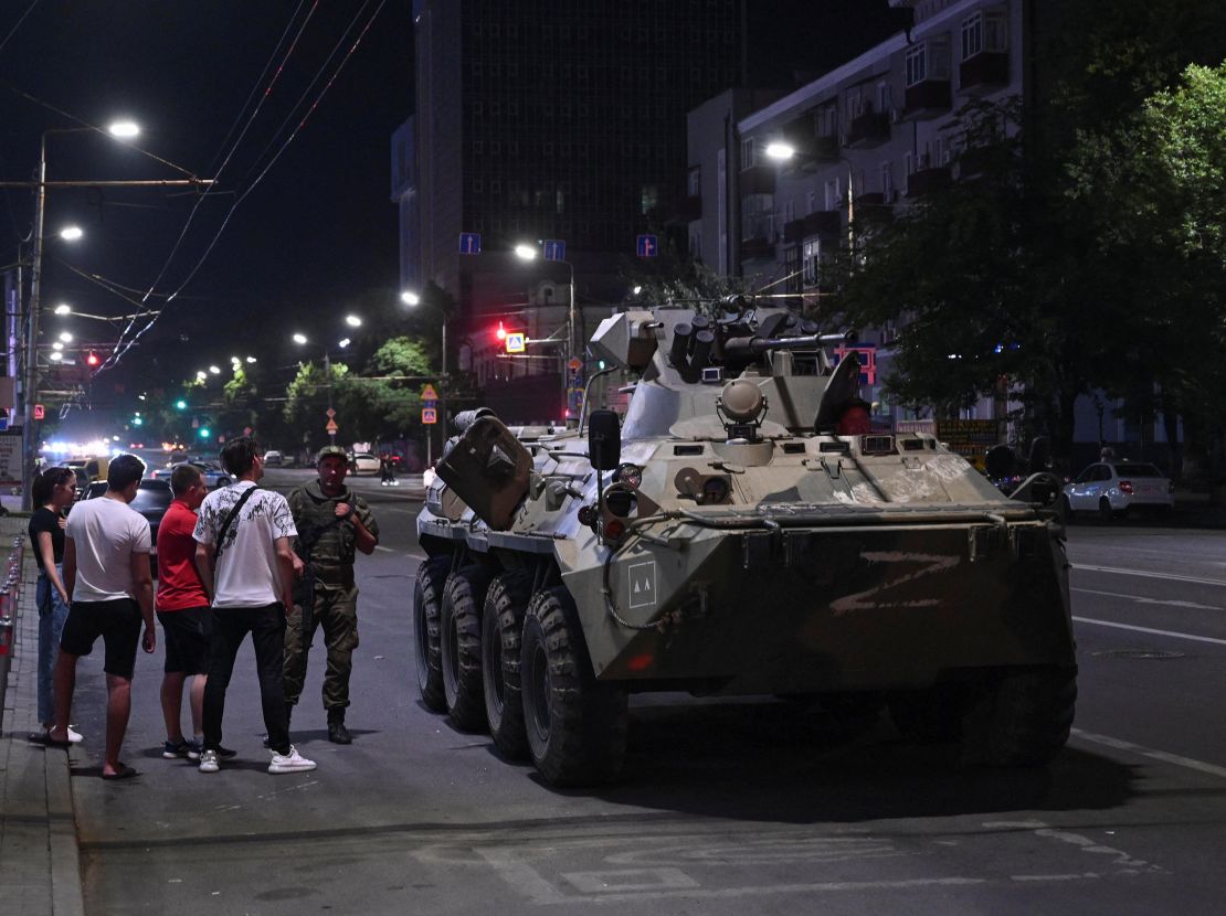 An armored personnel carrier (APC) is seen on the streets of Rostov-on-Don, on June 24. 