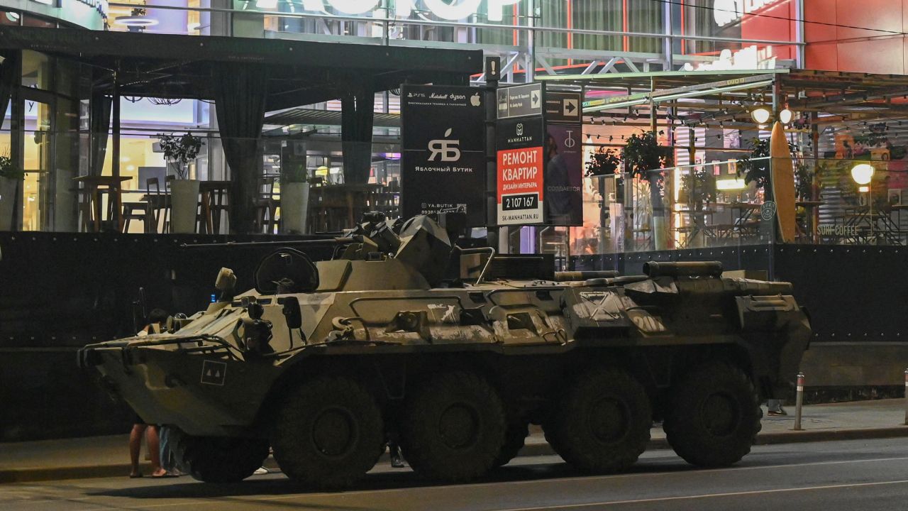 An armoured personnel carrier is seen next to a shopping mall in the southern Russian city of Rostov-on-Don on June 24, 2023. 