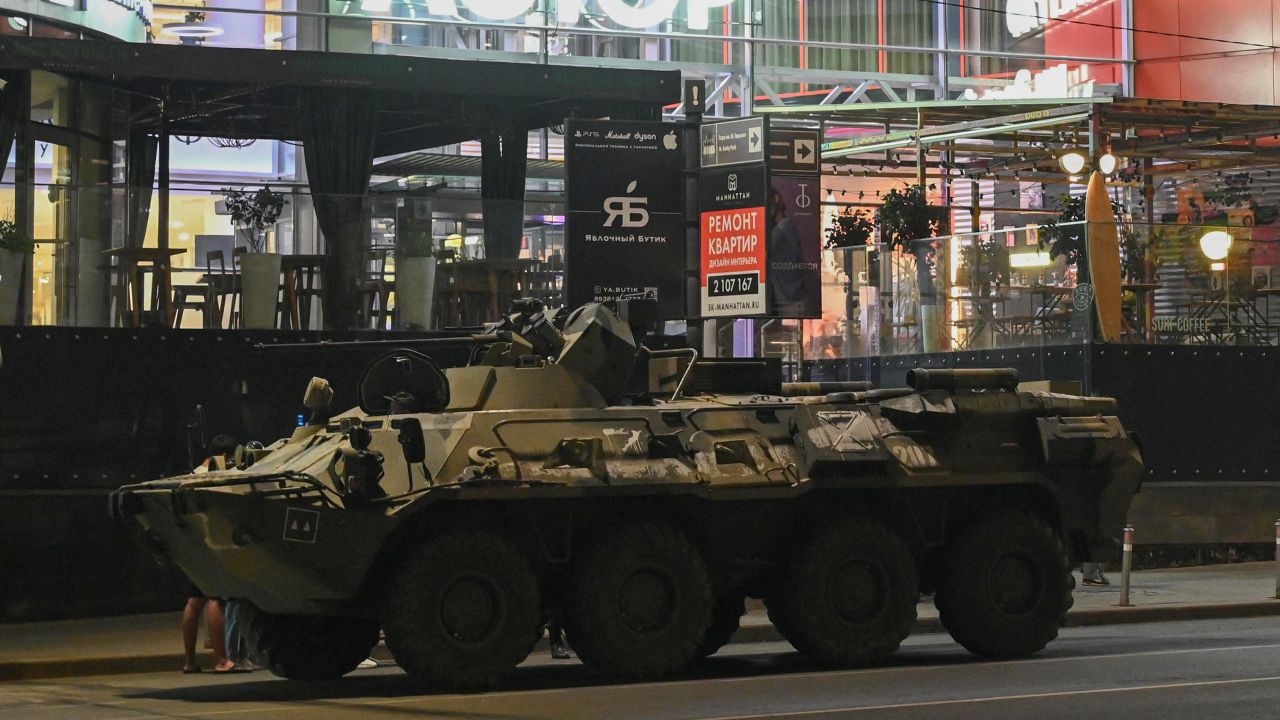 An armoured personnel carrier is seen next to a shopping mall in the southern Russian city of Rostov-on-Don on June 24, 2023.