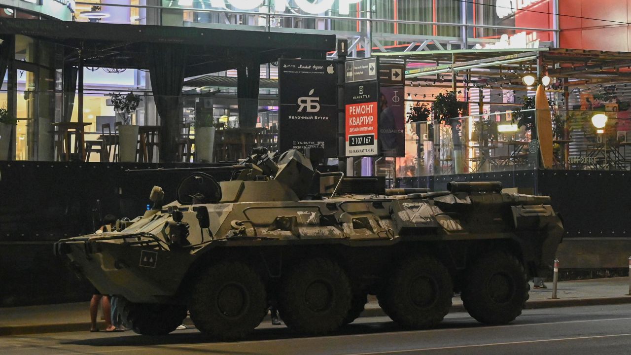 An armored personnel carrier next to a shopping mall in the southern Russian city of Rostov-on-Don on June 24, 2023. 