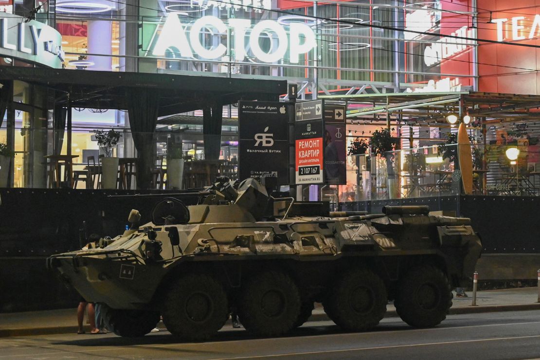 An armored personnel carrier next to a shopping mall in the southern Russian city of Rostov-on-Don on June 24, 2023. 