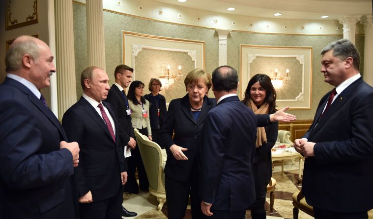 From left, Belarusian President Alexander Lukashenko, Putin, Merkel, French President Francois Hollande and Ukrainian President Petro Poroshenko gather in Minsk, Belarus, in February 2015. Leaders of Russia, Ukraine, France and Germany were gathering for crucial talks in the hope of negotiating an end to the fighting between Russia-backed separatists and government forces in eastern Ukraine.