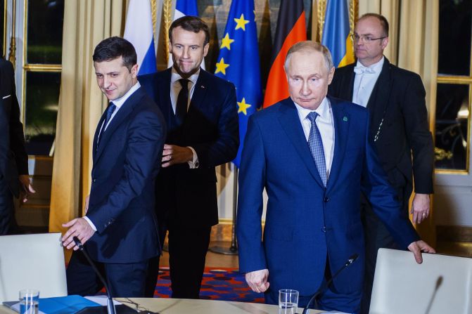French President Emmanuel Macron, Ukrainian President Volodymyr Zelensky and Putin meet in Paris in December 2019.