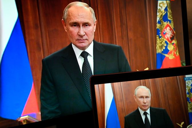 Putin is seen on monitors as he addresses the nation after Yevgeny Prigozhin, the chief of private mercenary group Wagner, called for an armed rebellion in June 2023. Putin vowed to punish those behind the "armed uprising." Later the Belarusian government claimed President Alexander Lukashenko had <a href="https://www.cnn.com/europe/live-news/russia-ukraine-war-news-06-24-23/index.html" target="_blank">reached a deal</a> with Prigozhin to halt the advance. The Kremlin said criminal charges against Prigozhin will be dropped and he will be sent to neighboring Belarus.