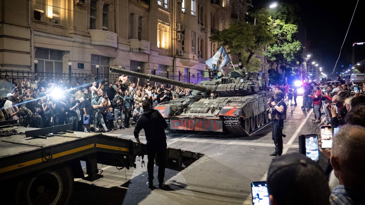 Members of Wagner group prepare to pull out from the headquarters of the Southern Military District to return to their base in Rostov-on-Don late on June 24, 2023.