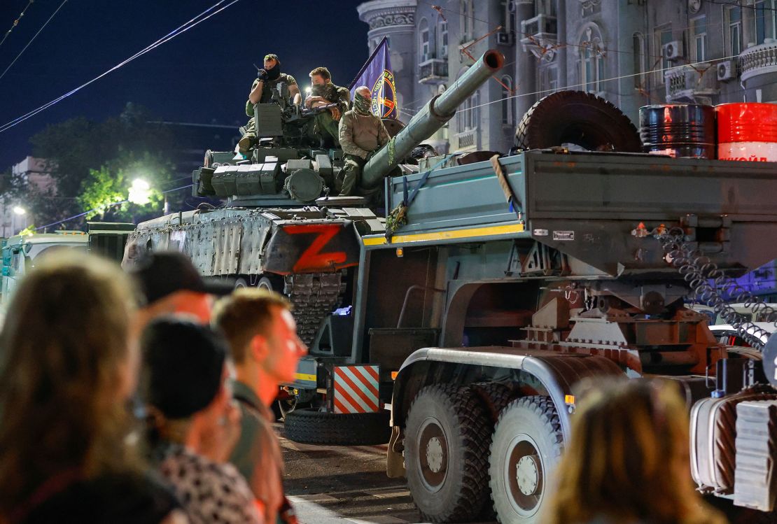 Fighters of Wagner private mercenary group pull out of the headquarters of the Southern Military District to return to base, in the city of Rostov-on-Don, Russia, June 24, 2023.