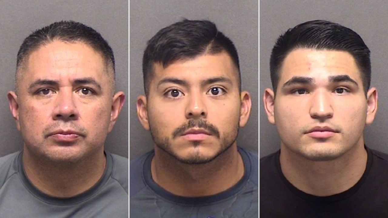 The booking images show (from left) Sgt. Alfred Flores, Officer Eleazar Alejandro and Officer Nathaniel Villalobos.