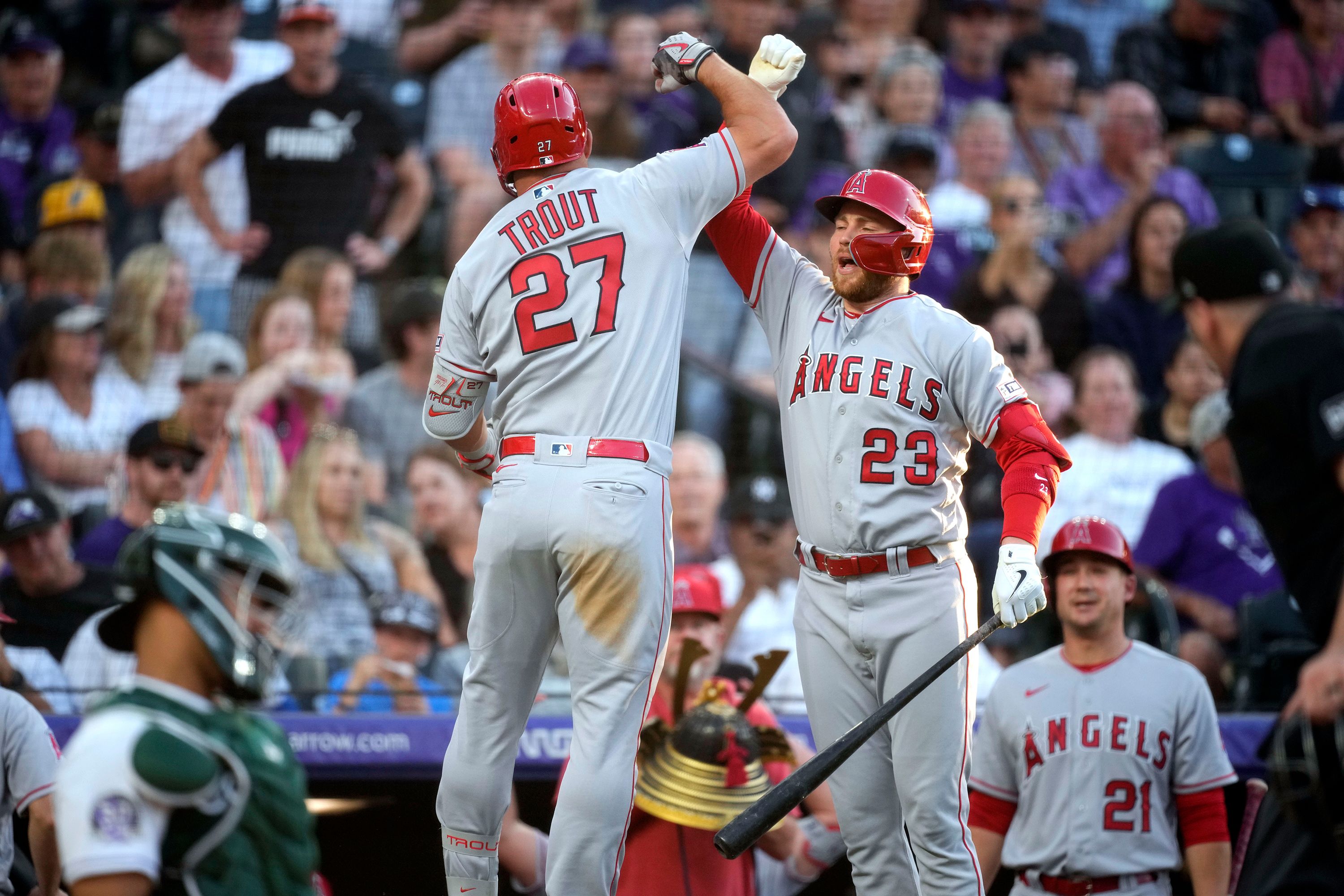 Mike Trout of the Los Angeles Angels and David Fletcher at Angel News  Photo - Getty Images