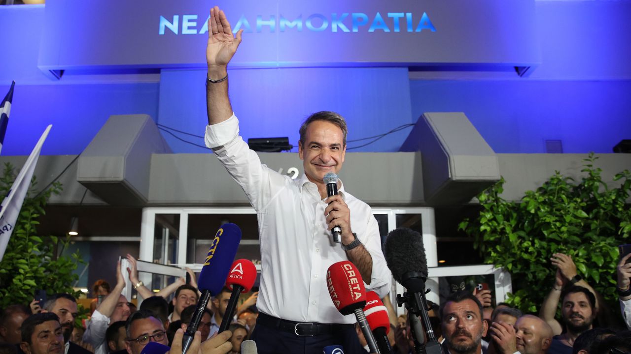 Mitsotakis delivers a speech in front of New Democracy party headquarters on June 25, 2023 in Athens, Greece.
