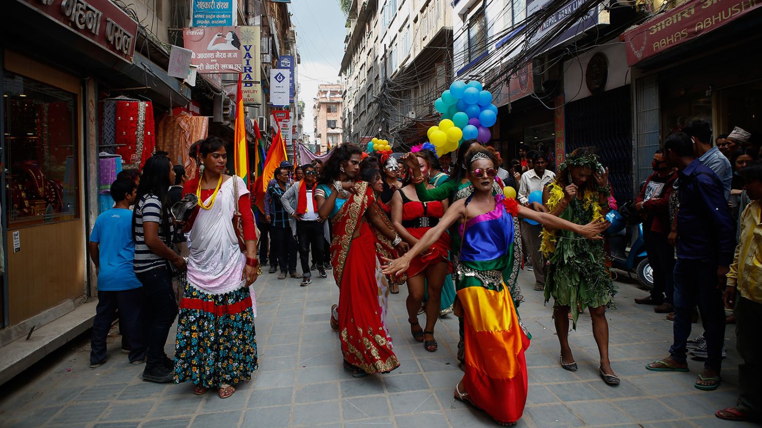 People take part in a pride parade in Kathmandu in 2017.