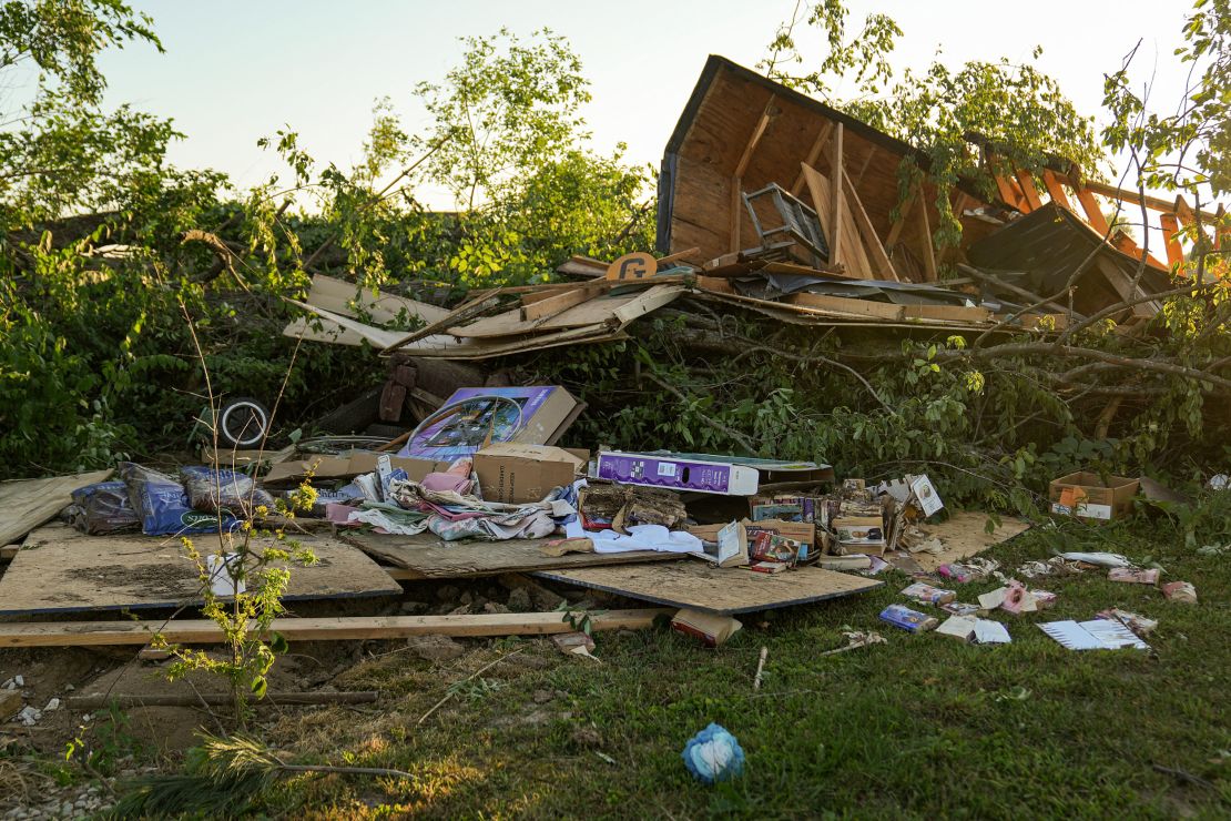 Debris is left behind after a reported tornado touched down in several areas of Greenwood, Indiana, near Bargersville, Sunday.