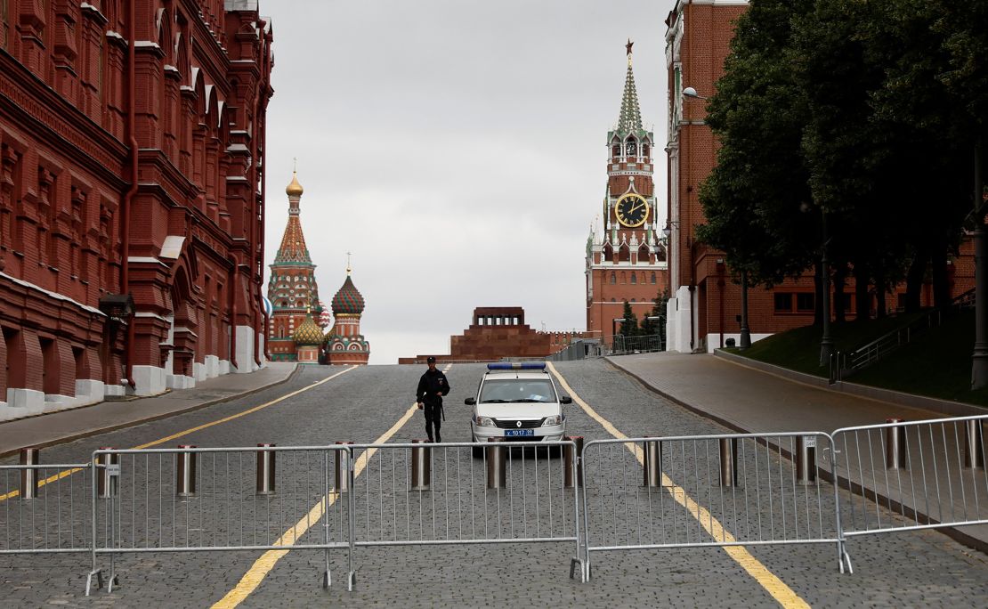 A police officer guards the closed Red Square in Moscow, Russia, June 24, 2023. 