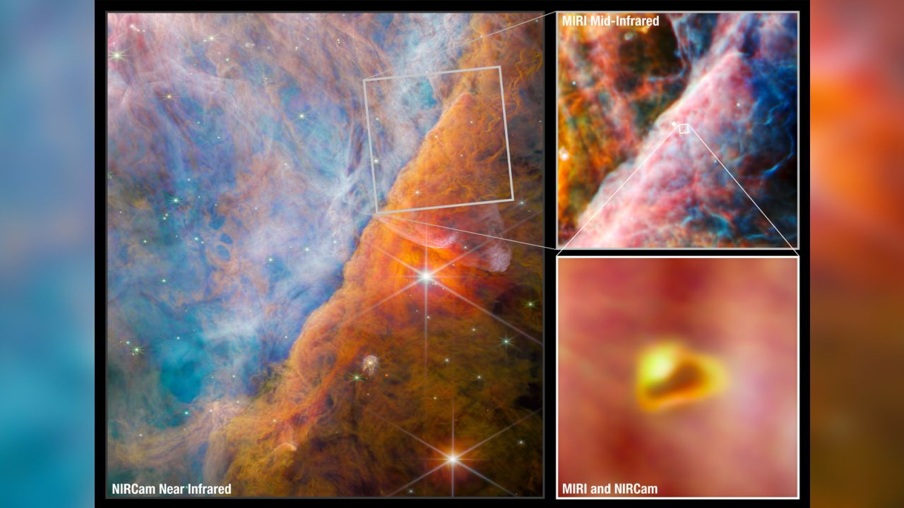 These Webb images show a part of the Orion Nebula known as the Orion Bar. It is a region where energetic ultraviolet light from the Trapezium Cluster — located off the upper-left corner — interacts with dense molecular clouds. The energy of the stellar radiation is slowly eroding the Orion Bar, and this has a profound effect on the molecules and chemistry in the protoplanetary disks that have formed around newborn stars here.