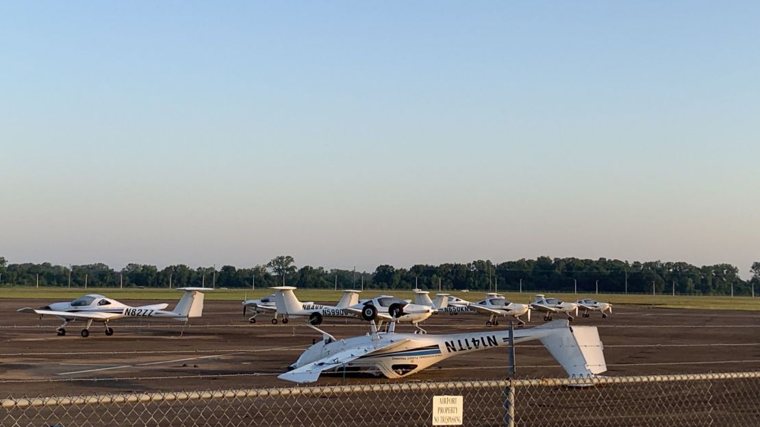 One of the overturned planes at an airport in Millington, Tennessee.