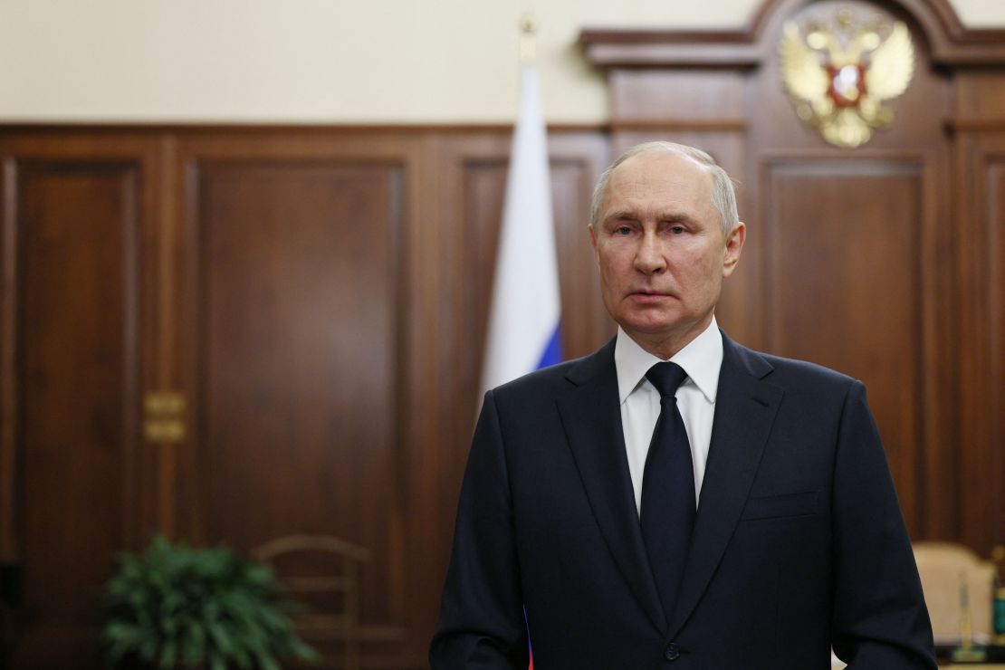 Russia's President Vladimir Putin addresses the nation in Moscow on June 26, 2023.