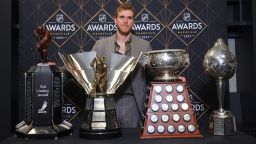 NASHVILLE, TENNESSEE - JUNE 26: Connor McDavid of the Edmonton Oilers poses with the Ted Lindsay Award, Maurice Richard Trophy, Art Ross Trophy and the Hart Trophy during the 2023 NHL Awards at Bridgestone Arena on June 26, 2023 in Nashville, Tennessee. (Photo by Bruce Bennett/Getty Images)