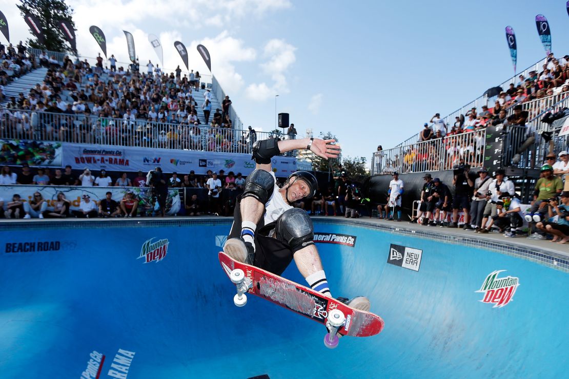 SYDNEY, AUSTRALIA - FEBRUARY 21:  Tony Hawk of United States of America competes in BOWL-A-RAMA at Bondi Beach on February 21, 2016 in Sydney, Australia. BOWL-A-RAMA is Australia's biggest skateboarding competition.  (Photo by Zak Kaczmarek/Getty Images)