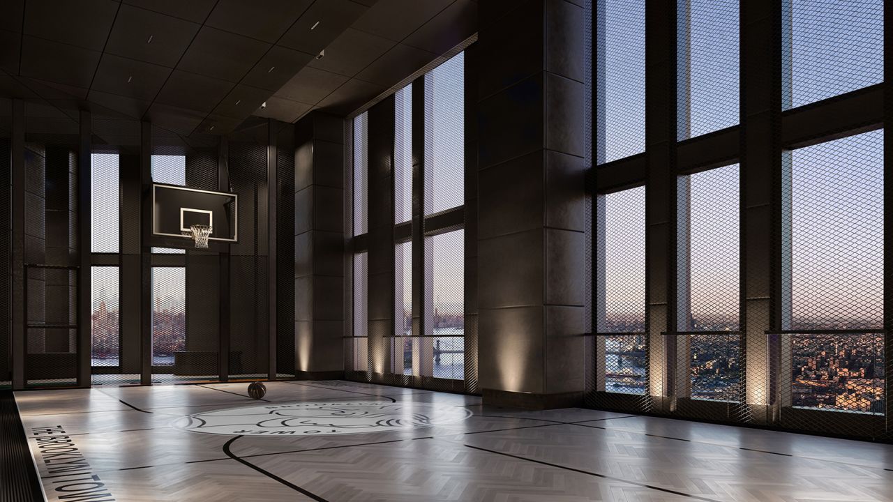 The Brooklyn Tower architects have unveiled renderings of its Sky Park, which includes a basketball court 629 feet above the ground.