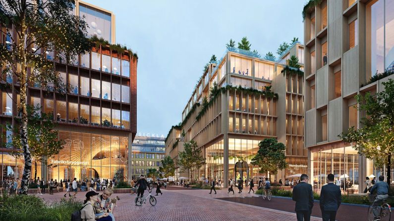 In 2023, <a href="https://www.cnn.com/style/worlds-largest-wood-city-to-be-built-in-stockholm/index.html">real estate developer Atrium Ljungberg</a> announced plans to build the world’s largest “wooden city” in Stockholm, Sweden (shown here in a rendering). Set across 250,000 square meters (2.7 million square feet), it will feature workplaces, housing, restaurants and shops.